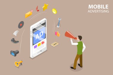 3D Isometric Düz Vektör Mobil Reklamcılık, Sosyal Medya Kampanyası Kavramsal İllüstrasyonu