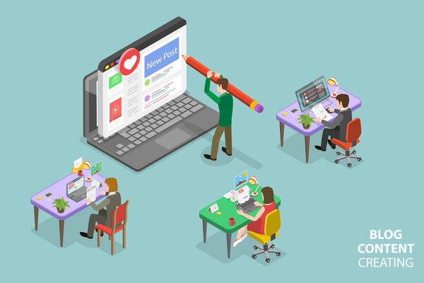 Концептуальная иллюстрация трехмерной изометрической плоской векторной иллюстрации контента блога Создание, творческая запись