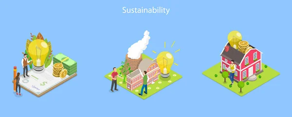 Isomric Flat Vector Illustrazione Concettuale Della Sostenibilità Green Eco Energy — Vettoriale Stock