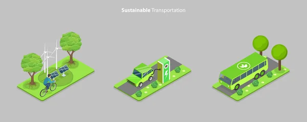 Isometric Flat Vector Conceptual Illustration Sustainable Transportation Green Eco Vehicles - Stok Vektor
