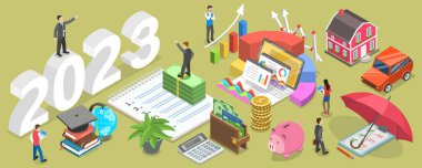 Yeni Yıl, İş ya da Aile Finansal Planlaması İçin 3B Isometric Flat Vektör Bütçesinin Kavramsal Resmedilmesi