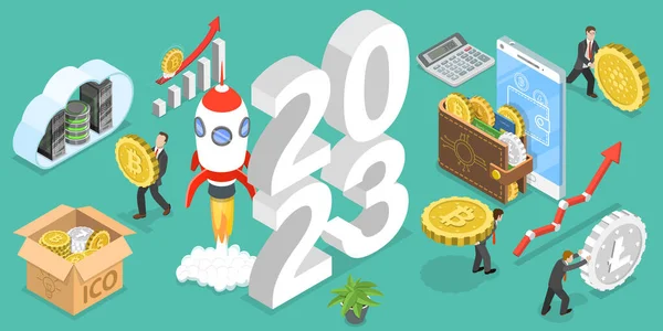 Isometric Flat Vector Conceptual Illustration New Year 2023 Cryptocurrency Trends — 스톡 벡터