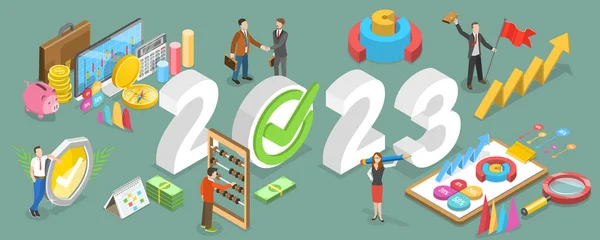 Isometric Flat Vector Conceptual Illustration 2023 Financial Year Business Aims — 스톡 벡터
