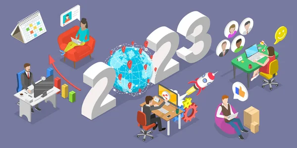 Isometric Flat Vector Conceptual Illustration New Year 2023 Outsourcing Trends - Stok Vektor