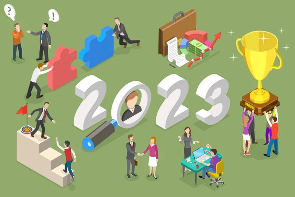 3Dアイソメトリックフラットベクトルの新年2023年の概念図と従業員のオンボーディング 人事管理 — ストックベクタ