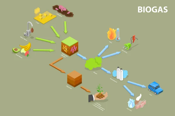 Isometrische Vlakke Vector Conceptuele Illustratie Van Het Biogassysteem Landbouwbedrijven Alternatieve — Stockvector