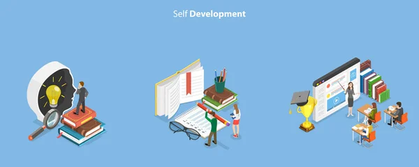 Isometric Flat Vector Conceptual Illustration Self Development Learning Education — Stock Vector