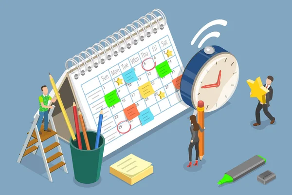 Isometric Flat Vector Conceptual Illustration Task Schedule Work Planning Time — 스톡 벡터