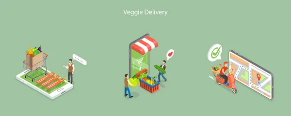 Ilustración Conceptual Vectores Planos Isométricos Entrega Verduras Verduras Frutas Farmers — Vector de stock