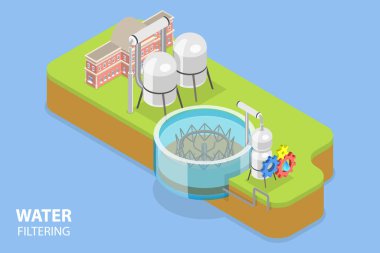 Su filtreleme, arıtma tesisi filtreleme sürecinin 3B Isometric Düz Vektör Kavramsal İllüstrasyonu
