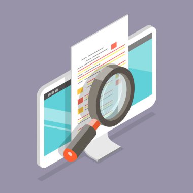 Belge İncelemesinin 3B Isometric Düz Vektör Simgesi, Dijital Belge Denetimi