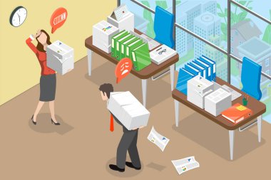 3D Isometric Flat Vector Conceptual Illustration of Overwork and Workload at Office, Sad and Tired Employees