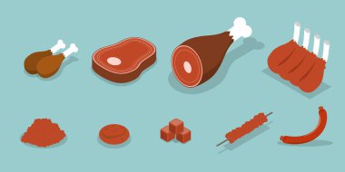 3D Isometric Flat Vector Conceptual Illustration of Meat Food Types, Raw and Processed Barbecue Products