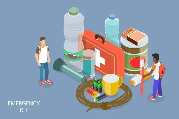 Isometric Flat Vector Conceptual Illustration Emergency Kit Disaster Preventive Items — 스톡 벡터