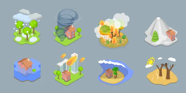 Isometric Flat Vector Conceptual Illustration Climate Change Natural Disasters Set — ストックベクタ