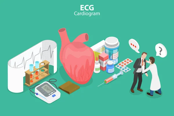 Ilustração Conceitual Vetor Plano Isométrico Cardiograma Ecg Checkup Cardiovascular Com — Vetor de Stock