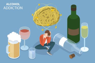 3D Isometric Flat Vector Conceptual Illustration of Alcohol Addiction Problem, Bad Habits
