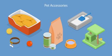 3D Isometric Flat Vector Set of Pet Accessories, Pet Shop Products clipart