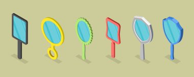 3D Isometric Flat Vector Set of Mirrors, Handheld Makeup Frames