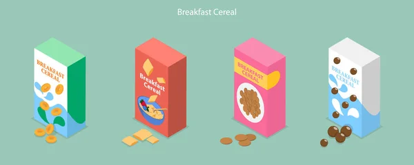 Isometric Flat Vector Set Breakfast Cereals Corn Flakes Porridge Oatmeal —  Vetores de Stock