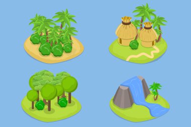 3D Isometric Flat Vector Set of Islands, Different Natural Landscapes