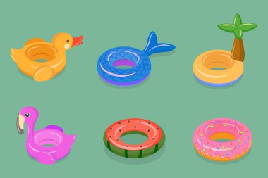 3D Isometric Flat Vector Set of Set Of Rubber Rings, Inflatable Swimming Toys