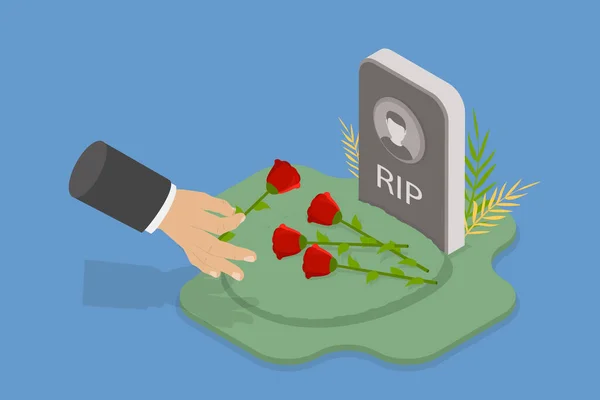 Isometric Flat Vector Conceptual Illustration Visiting Cemetery Gravestone Tombstone — 스톡 벡터