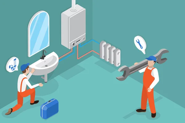 Isometric Flat Vector Conceptual Illustration Professional Plumber Repair Heating System — 스톡 벡터