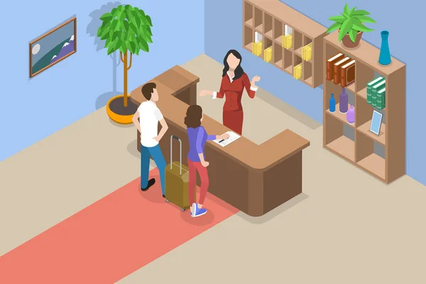 Isometric Flat Vector Conceptual Illustration Receptionist Tourists Travellers Hotel Lobby — Archivo Imágenes Vectoriales