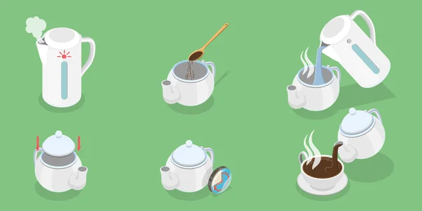 酿造茶叶的三维等距平面矢量概念图解 热饮制作导则 — 图库矢量图片