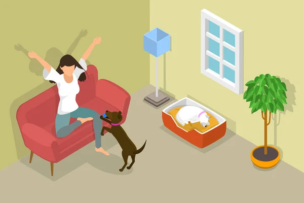 Isometric Flat Vector Conceptual Illustration Pet Home People Home Animals — Stockový vektor