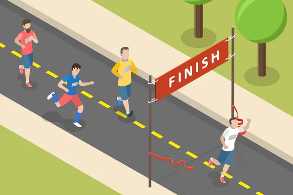 Isometric Flat Vector Conceptual Illustration Marathon Winner Crossing Finish Line — Stock Vector