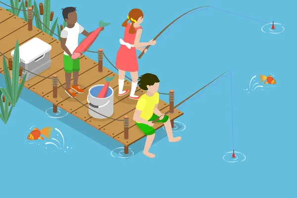 Izometrikus Lapos Vektor Fogalmi Illusztráció Gyermekek Halászok Nyári Vakáció Folyónál — Stock Vector