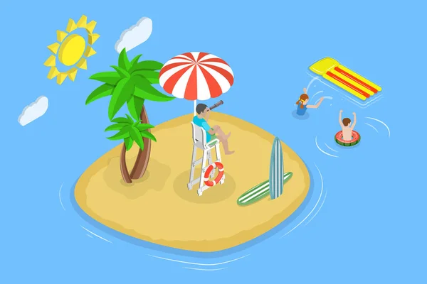 Isometric Flat Vector Conceptual Illustration Beach Lifeguard Professional Rescuer Doing — Stock Vector