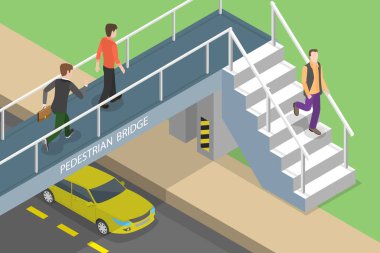 3D Isometric Düz Vektör Pedestrian Köprüsü Kavramsal İllüstrasyonu, İnsanlar Footbridge Kullanıyor