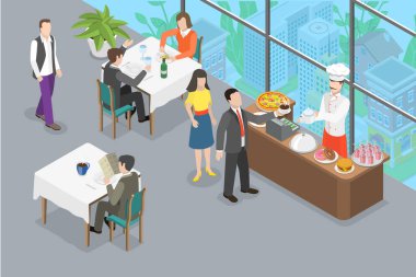 3 Boyutlu Isometric Flat Vektör Öğle yemeği molası, Kafeterya veya Mutfak Odasının Kavramsal Ressamı