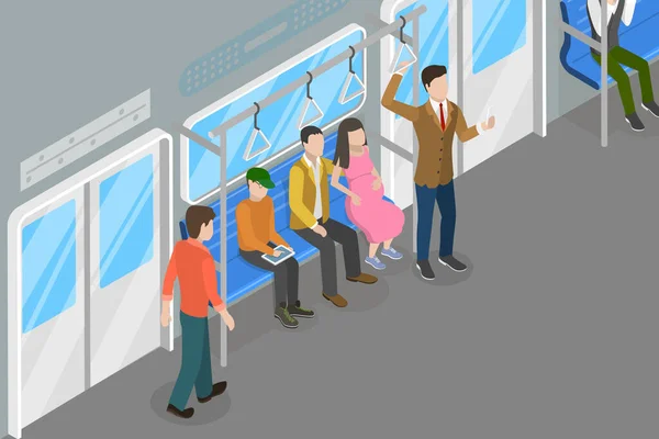 3D等式平面ベクトル公共交通機関の概念図 電車の中で人インテリア — ストックベクタ