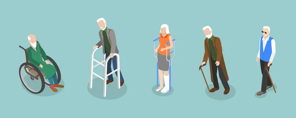Set Vettoriale Piatto Isometrico Anziani Disabili Personaggi Con Disabilità — Vettoriale Stock