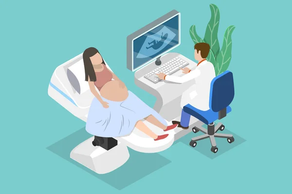 3Dアイソメトリックフラットベクトル超音波妊娠診断の概念図 赤ちゃんの健康チェック — ストックベクタ