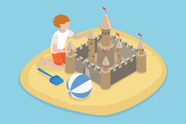 3D Isometric Düz Vektör Çocuk Kumdan Kale Yaparken Kavramsal İllüstrasyon, Yaz Tatili Eğlencesi