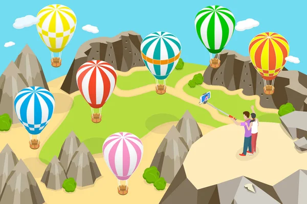 土耳其Cappadocia岩石3D等距平面矢量概念图解 带飞行热气球的美丽风景 — 图库矢量图片