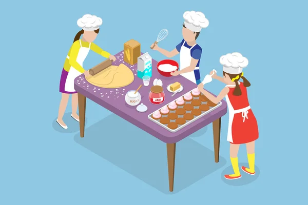 Isometrischer Flat Vector Konzeptionelle Illustration Von Kindern Beim Kuchenbacken Kochkurse — Stockvektor