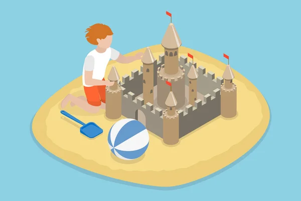 儿童建造沙堡 暑假娱乐的三维等距平面矢量概念图 — 图库矢量图片