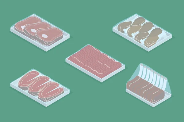 Conjunto Vetores Planos Isométricos Carne Congelada Alimentos Embalados Vácuo —  Vetores de Stock