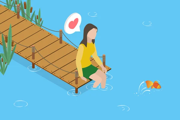 三维空间等距平面矢量概念图解 享受夏天的女性坐在湖边的木制码头上 — 图库矢量图片