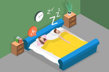 3D Isometric Düz Vektör Horlamanın Kavramsal İllüstrasyonu, Koca Öfkeli Eşin Yanında Yüksek Sesle Horluyor