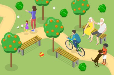 3D Isometric Düz Vektör Parkta Yürümenin Kavramsal İllüstrasyonu, Şehir Dinlenme Alanı