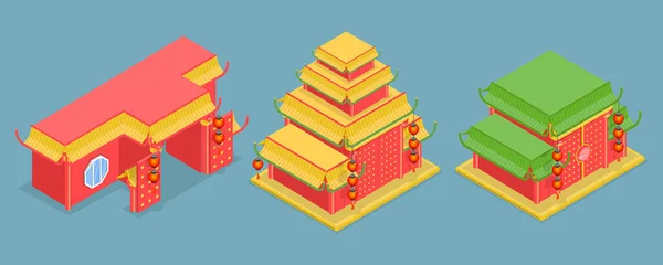 Isometric Flat Vector Set Chinese Temples Traditional Architecture — Stockový vektor