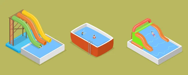 Isometrische Flat Vector Set Von Aquapark Szenen Sommerspaß Pool — Stockvektor