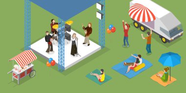 3D Isometric Flat Vektör Açık Hava Müzik Festivali Kavramsal İllüstrasyonu, Yaz Kamu Eğlence Partisi